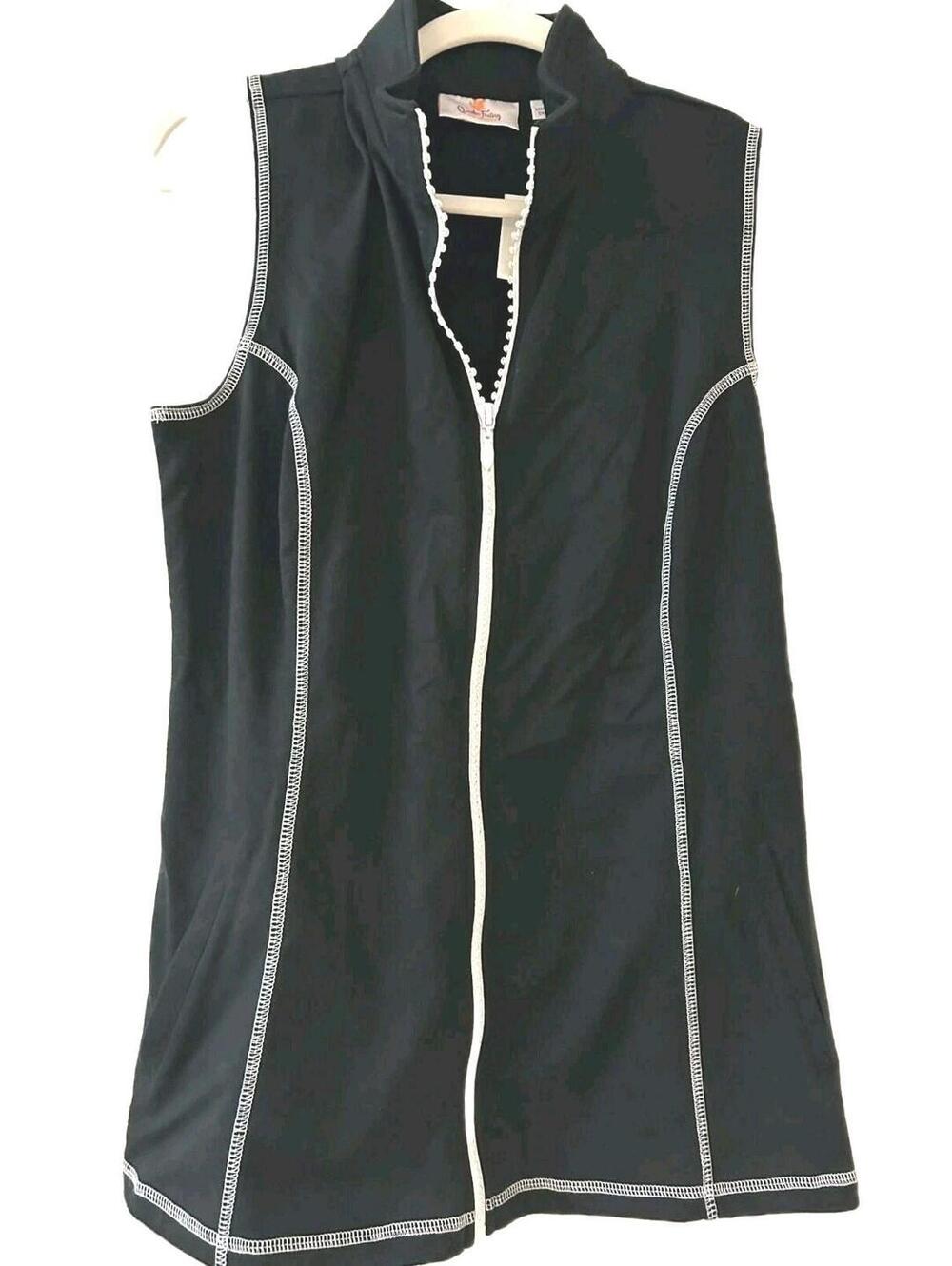 Quacker Factory French Terry Vest Black White Rhinestone Zipper Women's Size S